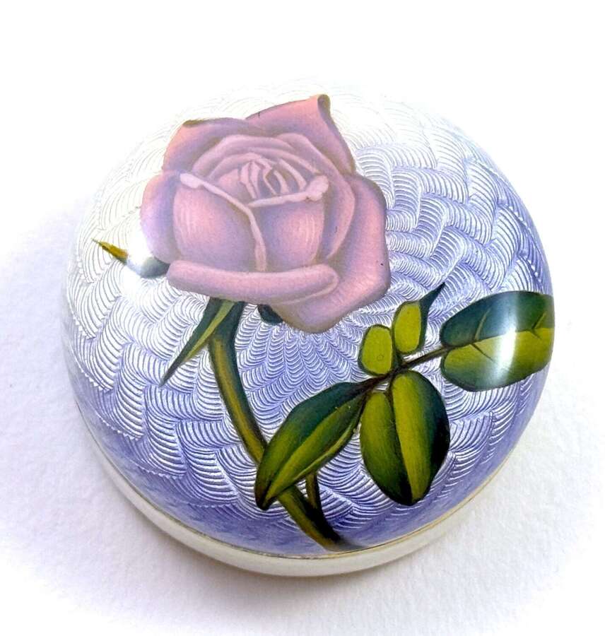 Antique Guilloche Enamel and Silver Pill Box Decorated with Pink Rose