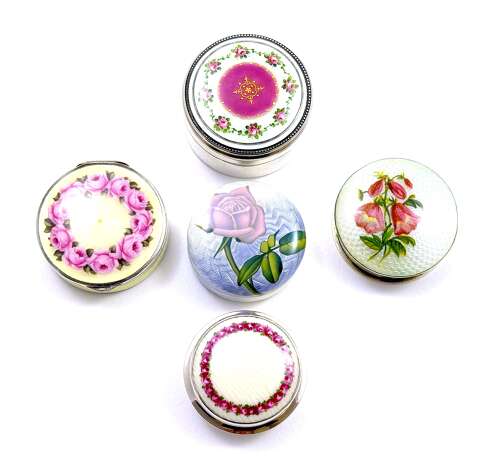 Antique Guilloche Enamel and Silver Pill Box Decorated with Pink Rose