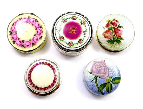 Antique Guilloche Enamel and Silver Pill Box Decorated with Pink Rose
