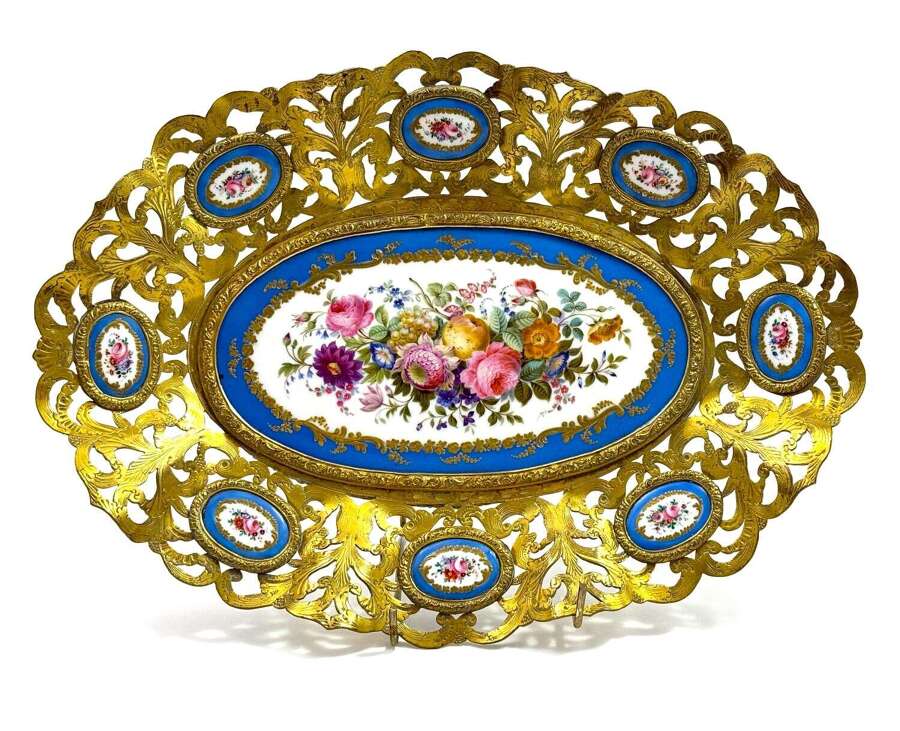 High Quality Large Antique 'Sevres' Porcelain and Dore Bronze Dish.