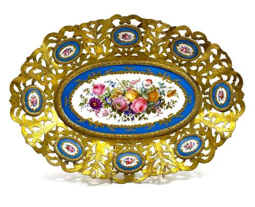 High Quality Large Antique 'Sevres' Porcelain and Dore Bronze Dish.