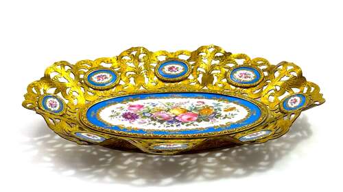 High Quality Large Antique 'Sevres' Porcelain and Dore Bronze Dish.