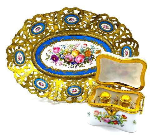 High Quality Large Antique 'Sevres' Porcelain and Dore Bronze Dish.