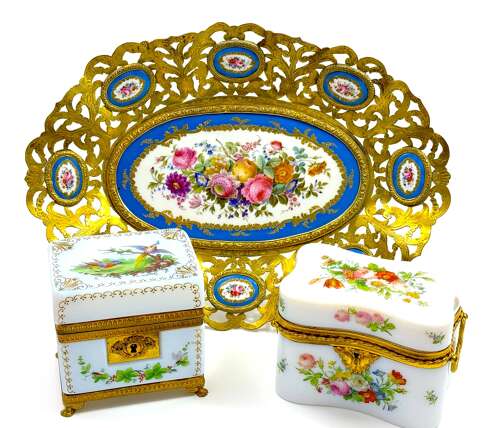 High Quality Large Antique 'Sevres' Porcelain and Dore Bronze Dish.