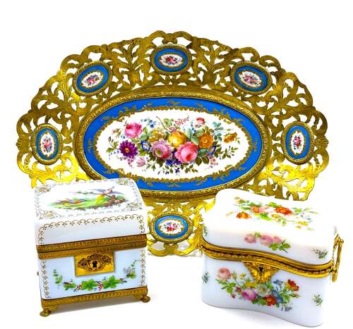 High Quality Large Antique 'Sevres' Porcelain and Dore Bronze Dish.