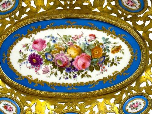 High Quality Large Antique 'Sevres' Porcelain and Dore Bronze Dish.