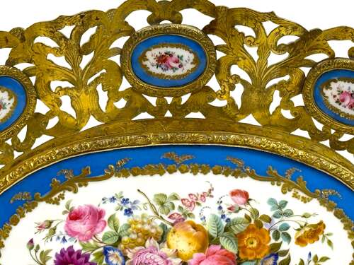 High Quality Large Antique 'Sevres' Porcelain and Dore Bronze Dish.