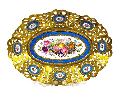 High Quality Large Antique 'Sevres' Porcelain and Dore Bronze Dish.