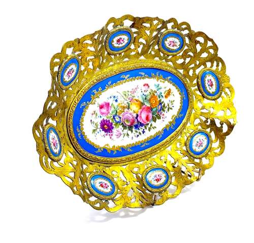 High Quality Large Antique 'Sevres' Porcelain and Dore Bronze Dish.
