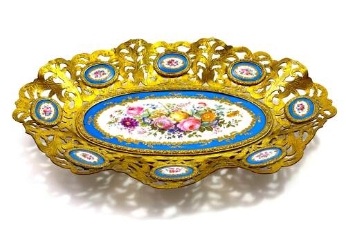 High Quality Large Antique 'Sevres' Porcelain and Dore Bronze Dish.