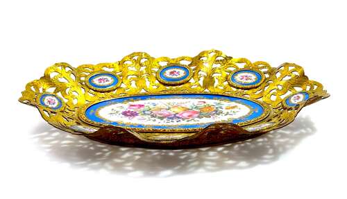 High Quality Large Antique 'Sevres' Porcelain and Dore Bronze Dish.