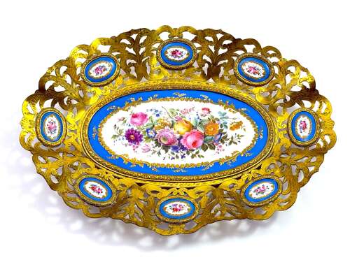 High Quality Large Antique 'Sevres' Porcelain and Dore Bronze Dish.
