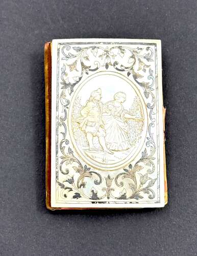 A Fine Antique Palais Royal Mother of Pearl Aide Memoire Engraved in Relief