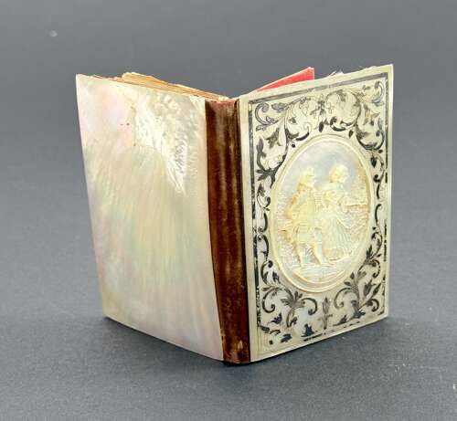 A Fine Antique Palais Royal Mother of Pearl Aide Memoire Engraved in Relief