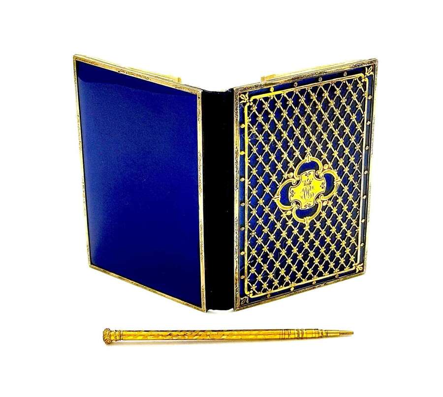 Antique Palais Royal Blue Enamel and Vermeil Aide Memoire Including the Original Pencil