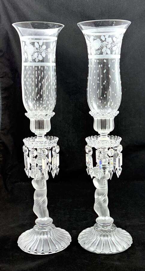 A Tall Pair of Antique&nbsp;Signed Baccarat Cut Crystal Glass Cherub Lustres Candlesticks