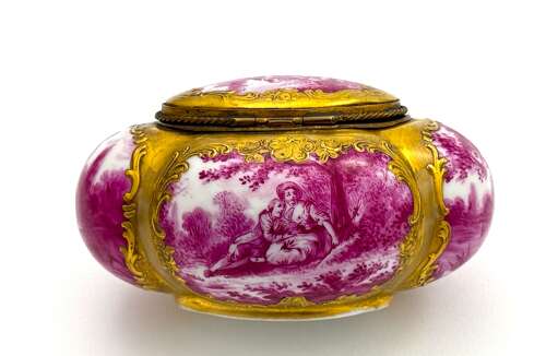 Antique German Meissen Style Porcalain 'Bombe' Shaped Box by Eugene Claus Circa 1890