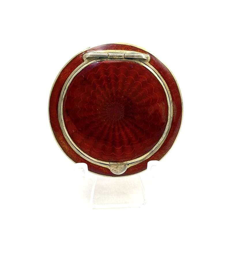 Finest Quality Antique&nbsp;Silver and Rare Cherry Red Guilloche Enamel Compact.