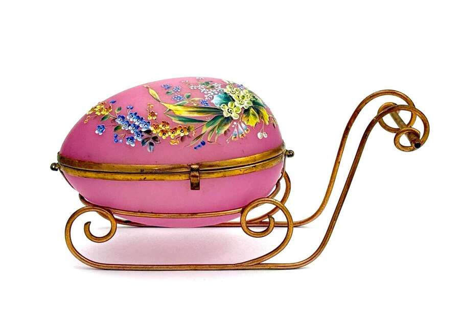 Large Palais Royal Pink&nbsp;Opaline Glass&nbsp;Sleigh Egg Shaped Box with Dore Bronze Mounts.