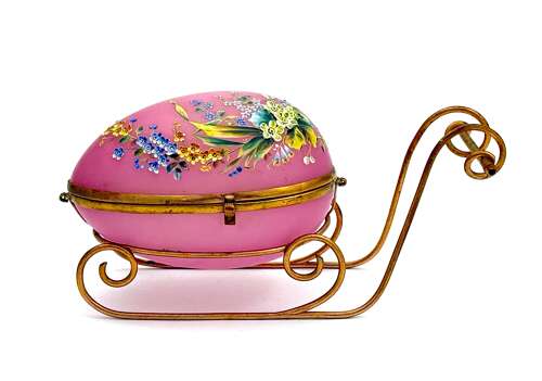 Large Palais Royal Pink Opaline Glass Sleigh Egg Shaped Box with Dore Bronze Mounts.