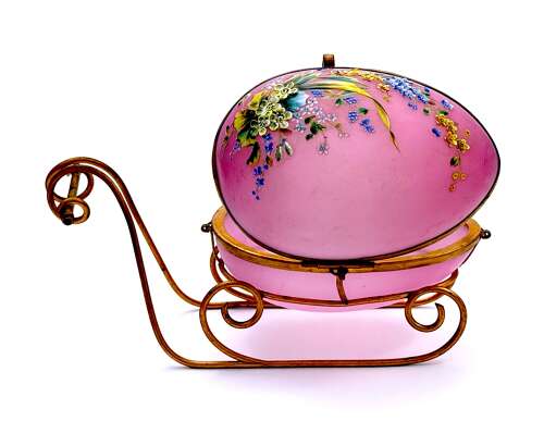 Large Palais Royal Pink Opaline Glass Sleigh Egg Shaped Box with Dore Bronze Mounts.