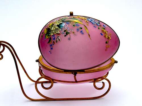 Large Palais Royal Pink Opaline Glass Sleigh Egg Shaped Box with Dore Bronze Mounts.