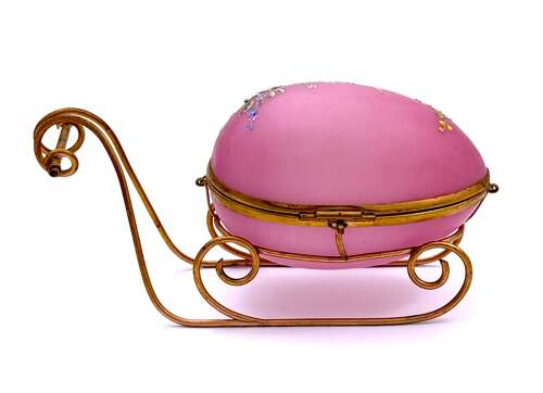 Large Palais Royal Pink Opaline Glass Sleigh Egg Shaped Box with Dore Bronze Mounts.