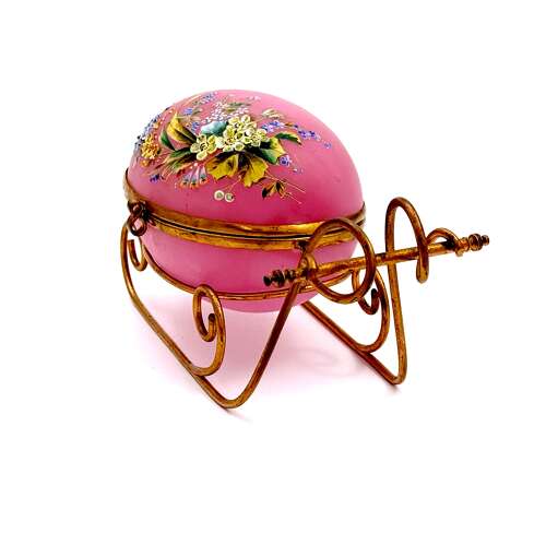 Large Palais Royal Pink Opaline Glass Sleigh Egg Shaped Box with Dore Bronze Mounts.