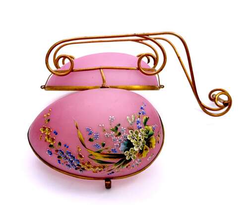 Large Palais Royal Pink Opaline Glass Sleigh Egg Shaped Box with Dore Bronze Mounts.