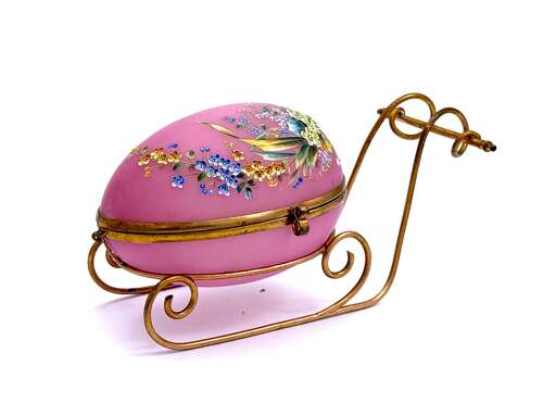 Large Palais Royal Pink Opaline Glass Sleigh Egg Shaped Box with Dore Bronze Mounts.