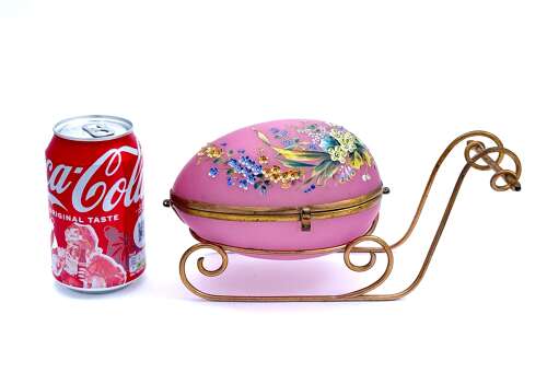 Large Palais Royal Pink Opaline Glass Sleigh Egg Shaped Box with Dore Bronze Mounts.
