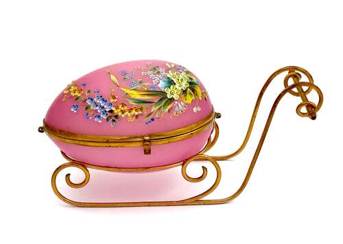 Large Palais Royal Pink Opaline Glass Sleigh Egg Shaped Box with Dore Bronze Mounts.