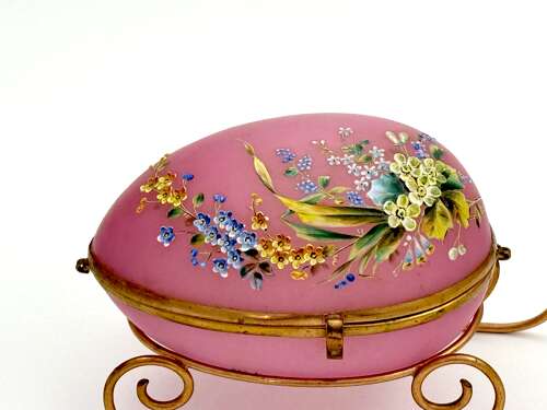 Large Palais Royal Pink Opaline Glass Sleigh Egg Shaped Box with Dore Bronze Mounts.