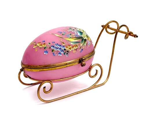 Large Palais Royal Pink Opaline Glass Sleigh Egg Shaped Box with Dore Bronze Mounts.