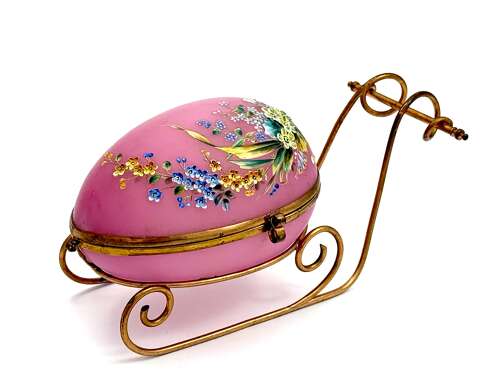 Large Palais Royal Pink Opaline Glass Sleigh Egg Shaped Box with Dore Bronze Mounts.