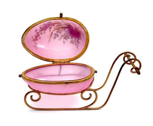 Large Palais Royal Pink Opaline Glass Sleigh Egg Shaped Box with Dore Bronze Mounts.