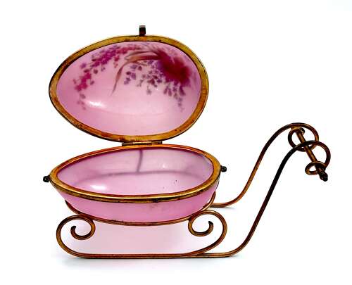 Large Palais Royal Pink Opaline Glass Sleigh Egg Shaped Box with Dore Bronze Mounts.