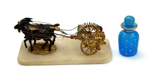 Antique Palais Royal Dore Bronze Carriage with Original Blue Opaline Glass Perfume Bottle.