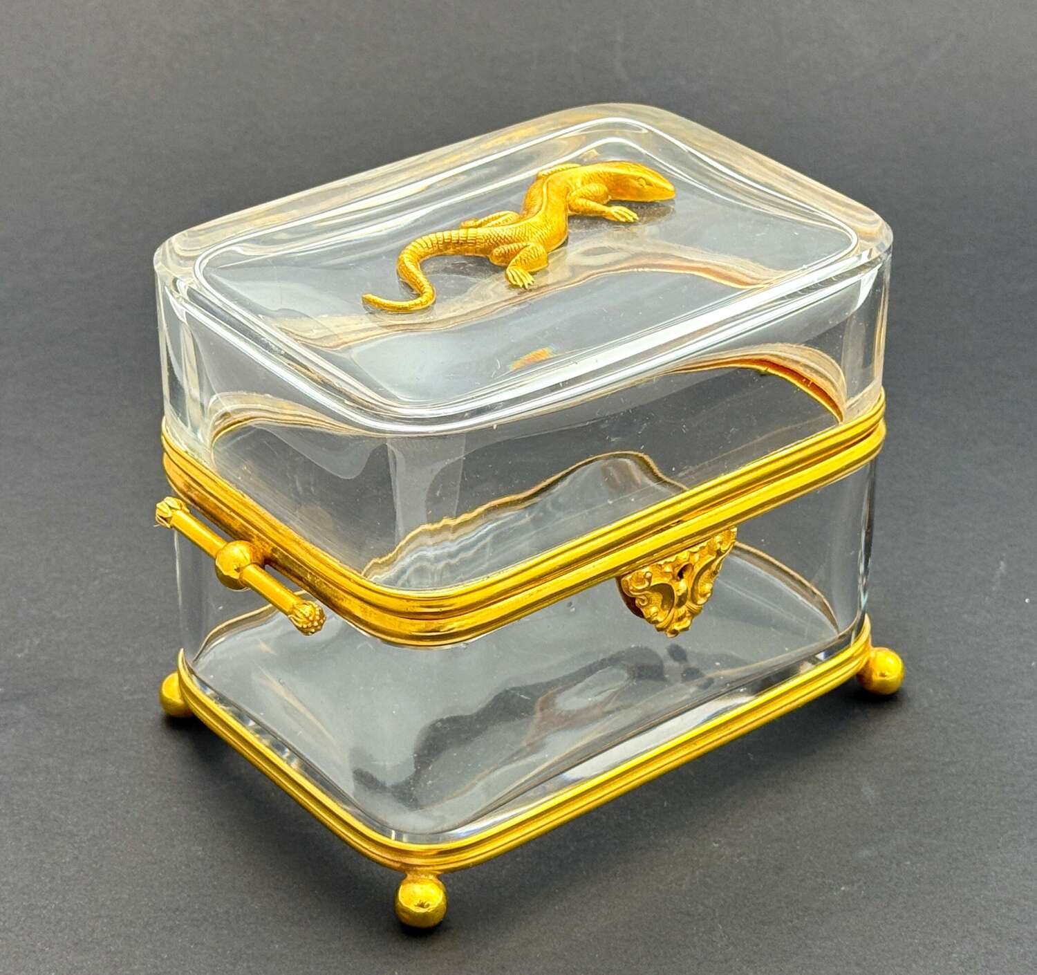 Large Antique Baccarat Crystal Glass Casket Decorated with a Dore Bronze Salamander.