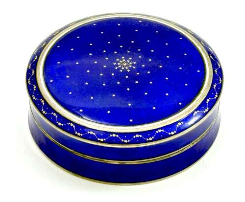 Exquisite Large Antique French Guilloche Blue Enamel Round Covered Box.