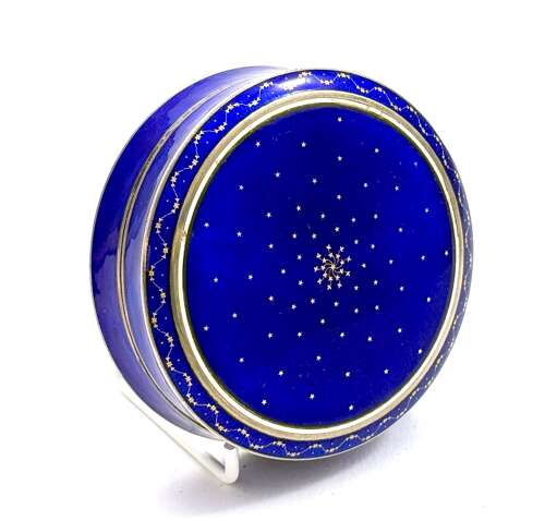 Exquisite Large Antique French Guilloche Blue Enamel Round Covered Box.