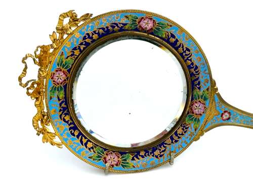 A Beautiful Antique French High Quality Champlevé Hand Mirror.