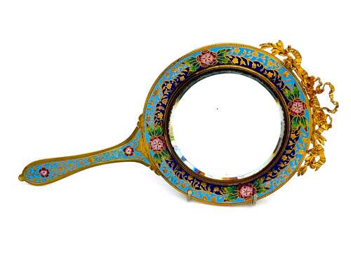 A Beautiful Antique French High Quality Champlevé Hand Mirror.
