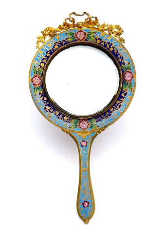 A Beautiful Antique French High Quality Champlevé Hand Mirror.
