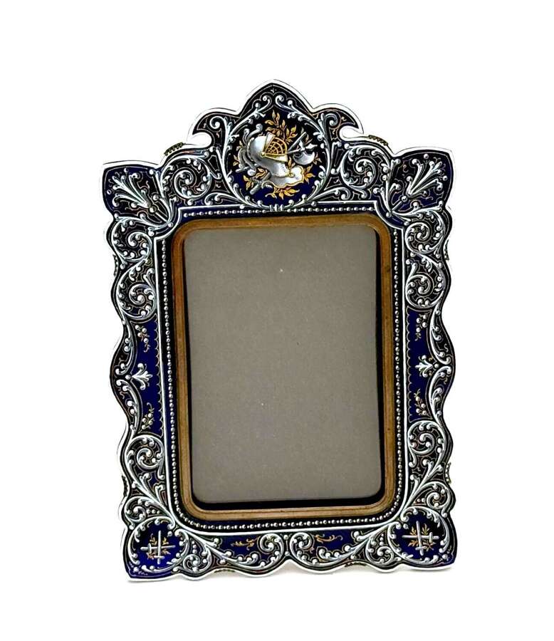 A High Quality Antique French Blue Enamel Frame with Hand Painted Armour Crest