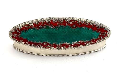 A Large Antique Guilloche Enamel and Silver Navette Shaped Box with Hinged Lid.