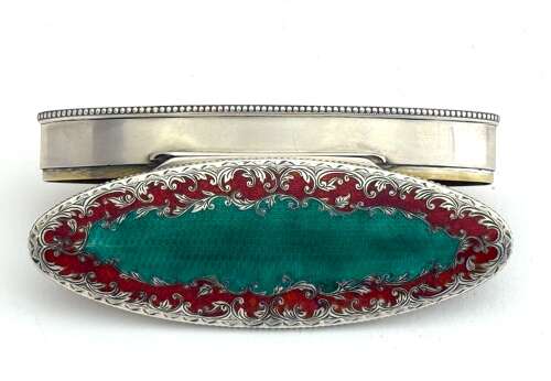 A Large Antique Guilloche Enamel and Silver Navette Shaped Box with Hinged Lid.
