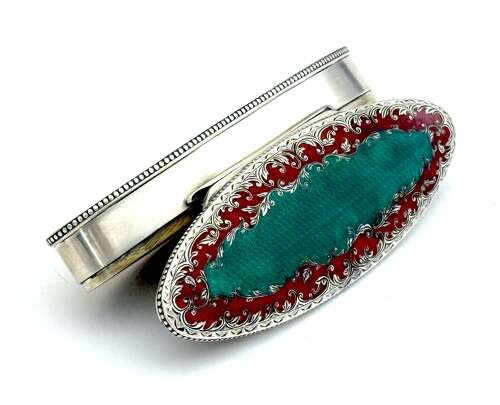 A Large Antique Guilloche Enamel and Silver Navette Shaped Box with Hinged Lid.