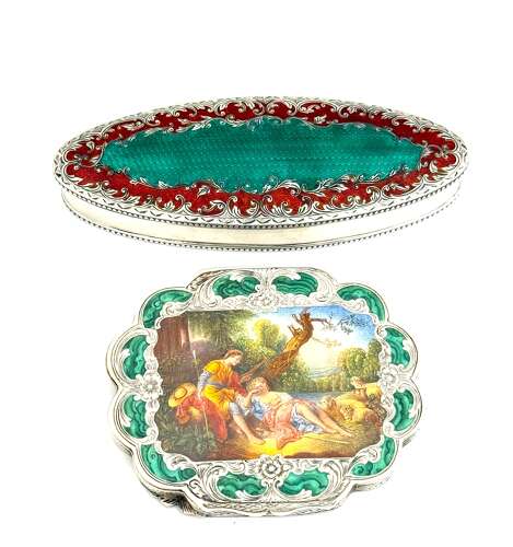 A Large Antique Guilloche Enamel and Silver Navette Shaped Box with Hinged Lid.