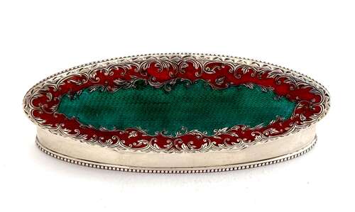 A Large Antique Guilloche Enamel and Silver Navette Shaped Box with Hinged Lid.